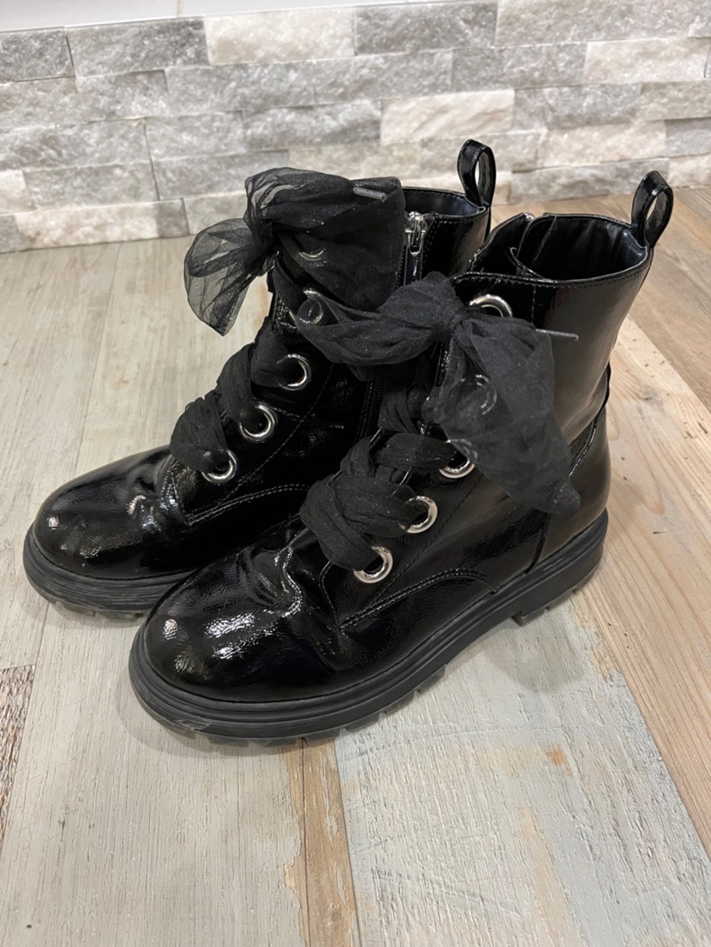 Nina Chassy Booties Black Patent Lace-Up Boots with Sheer Ribbon Laces Girl Sz 5 - Picture 7 of 11